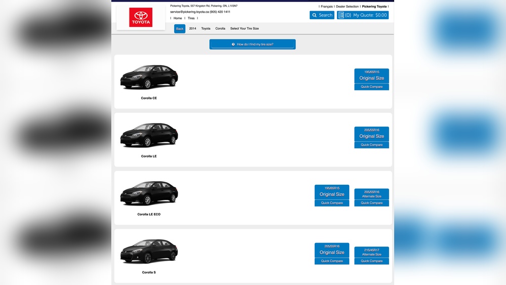 What Size Tires For 2014 Toyota Corolla
